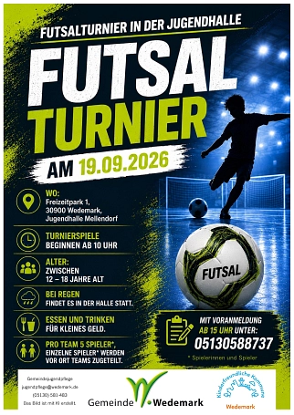 Poster zum Futsalturnier am 19.09.2026 in der Jugendhalle Mellendorf mit Spielregeln und Kontaktdaten. © Gemeinde Wedemark