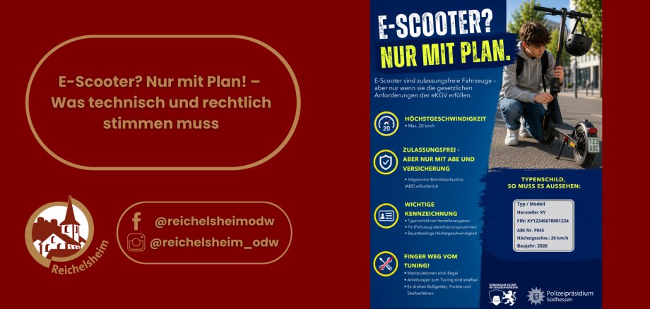 Infografik der Gemeinde Reichelsheim zu technischen und rechtlichen Voraussetzungen für E-Scooter (Zulassung, Kennzeichnung, Höchstgeschwindigkeit).
