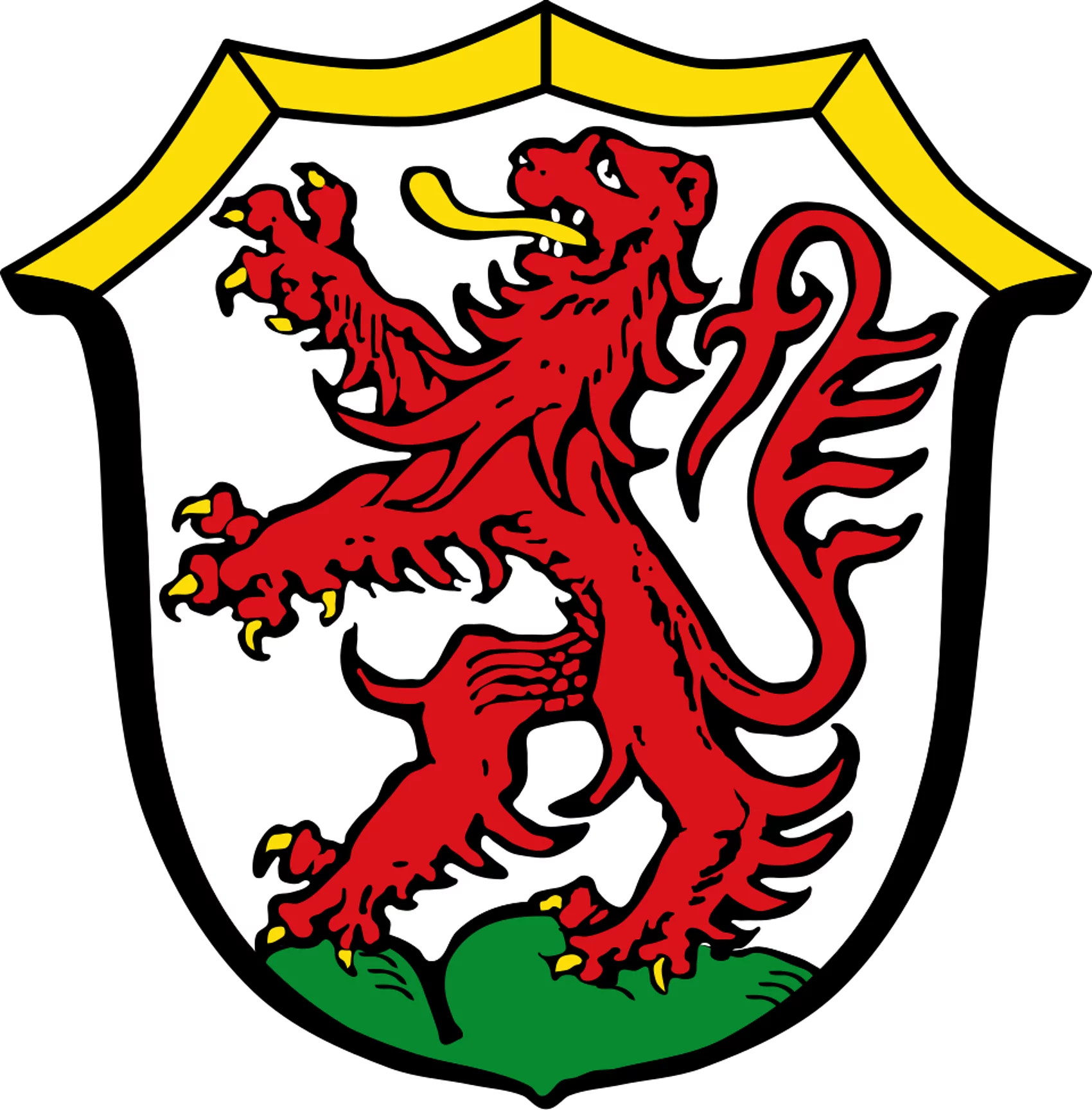 Wappen Kaufering: roter Welfenlöwe auf grünen drei Hügeln stehend.